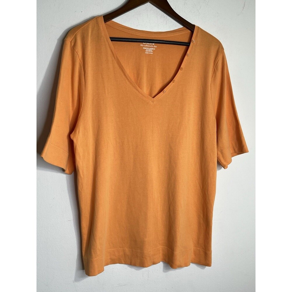 Chicos Size 3 Sherbet Orange Ultimate Tee Short Sleeve V Neck blouse Womens (13)